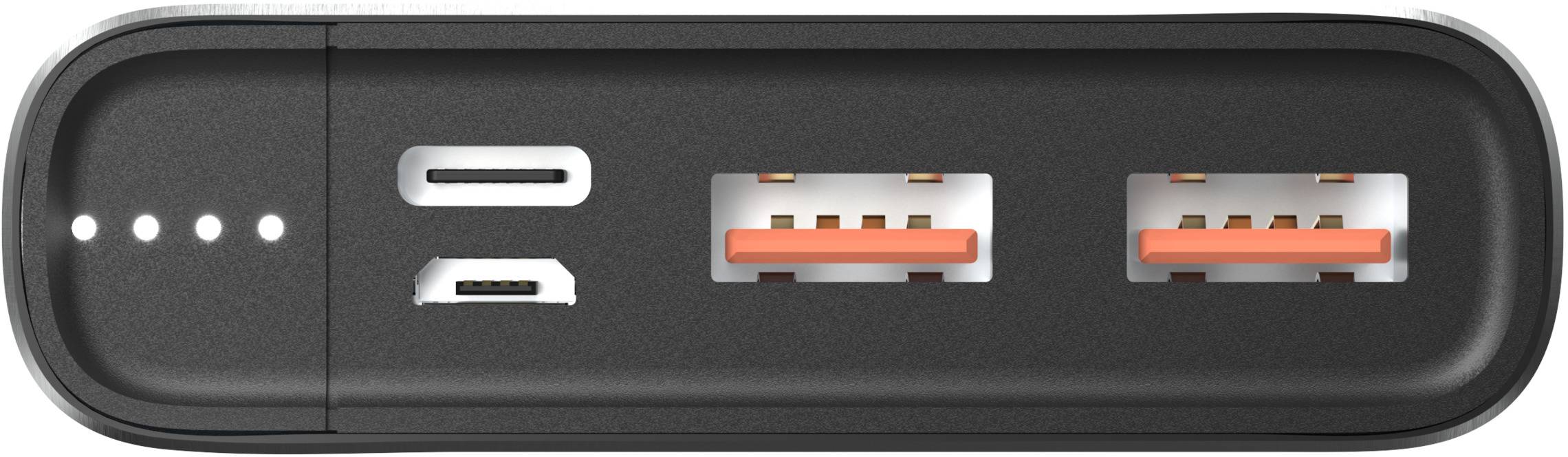 Black power bank with four ports: two USB-A, one USB-C and one micro-USB. Four LED indicators are located to the left of the ports.