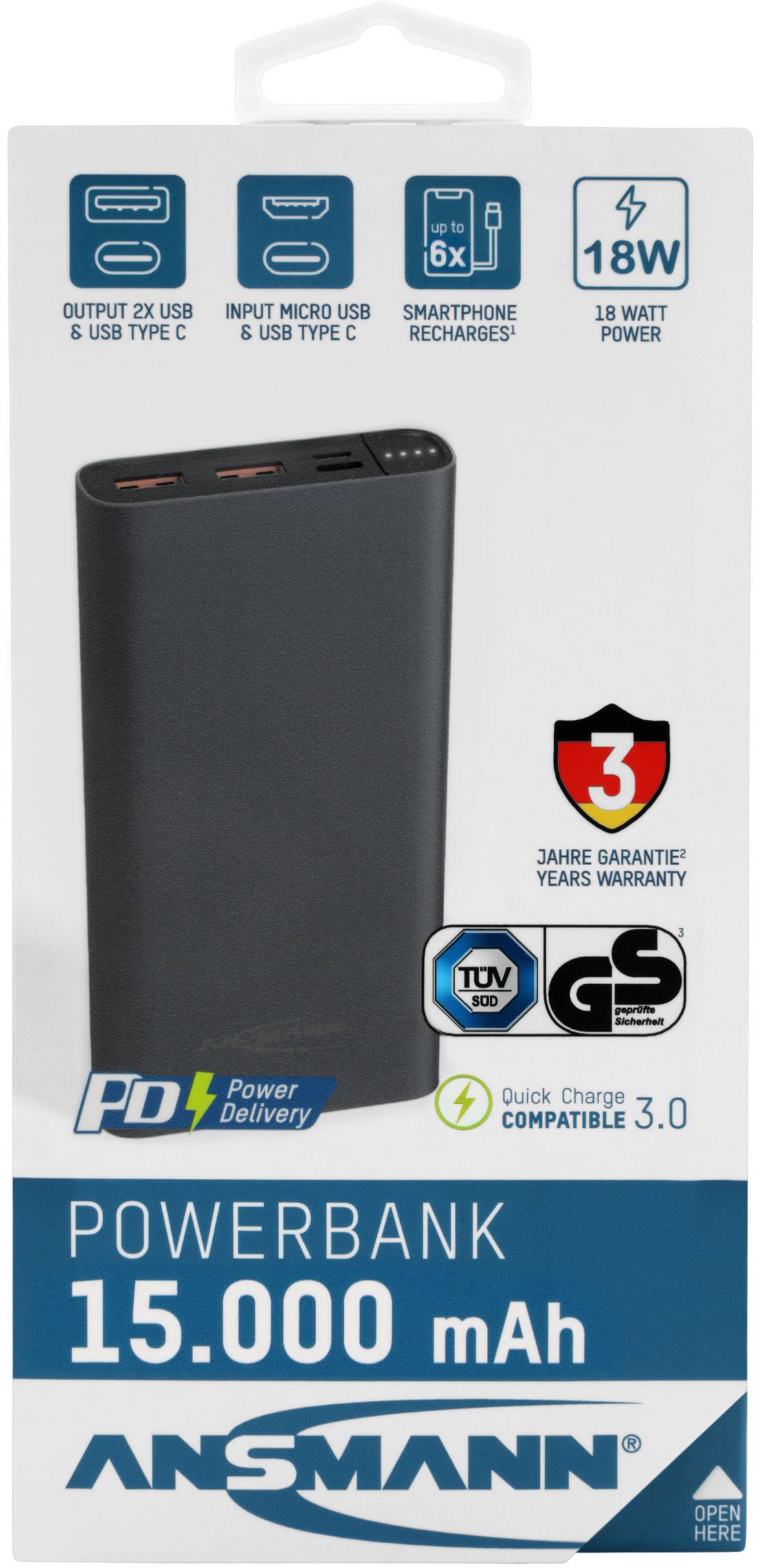 Black power bank with 15,000 mAh. Features two USB-A outputs, USB-C input, 18W power, fast charging and 3-year warranty.