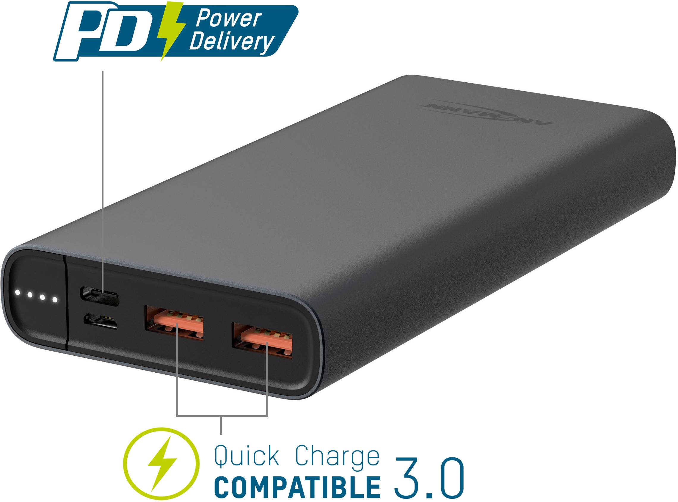 'External battery pack with Power Delivery and Quick Charge 3.0, two USB ports and a USB-C port. Ideal for fast charging.'