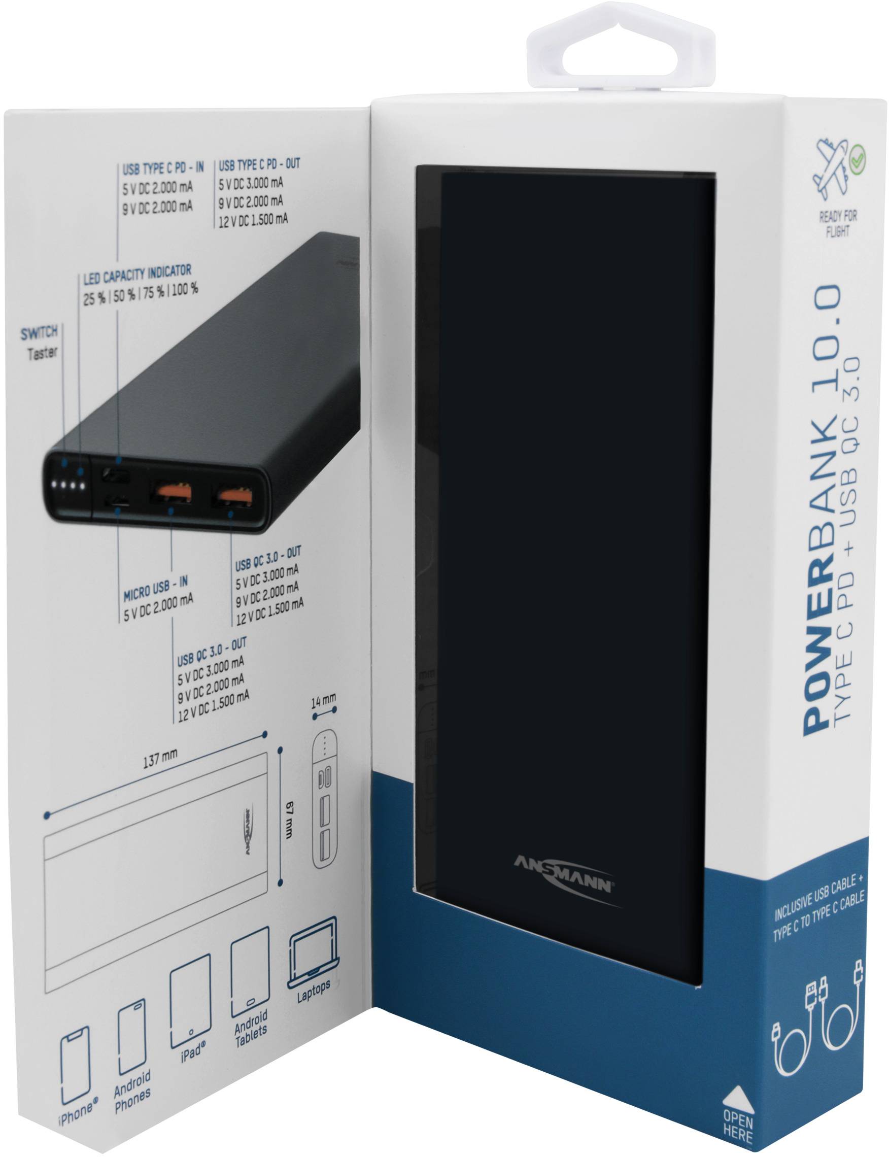Ansmann 10Ah PD Power bank 10000 mAh Power Delivery LiPo Micro USB, USB C® Black Status display-13