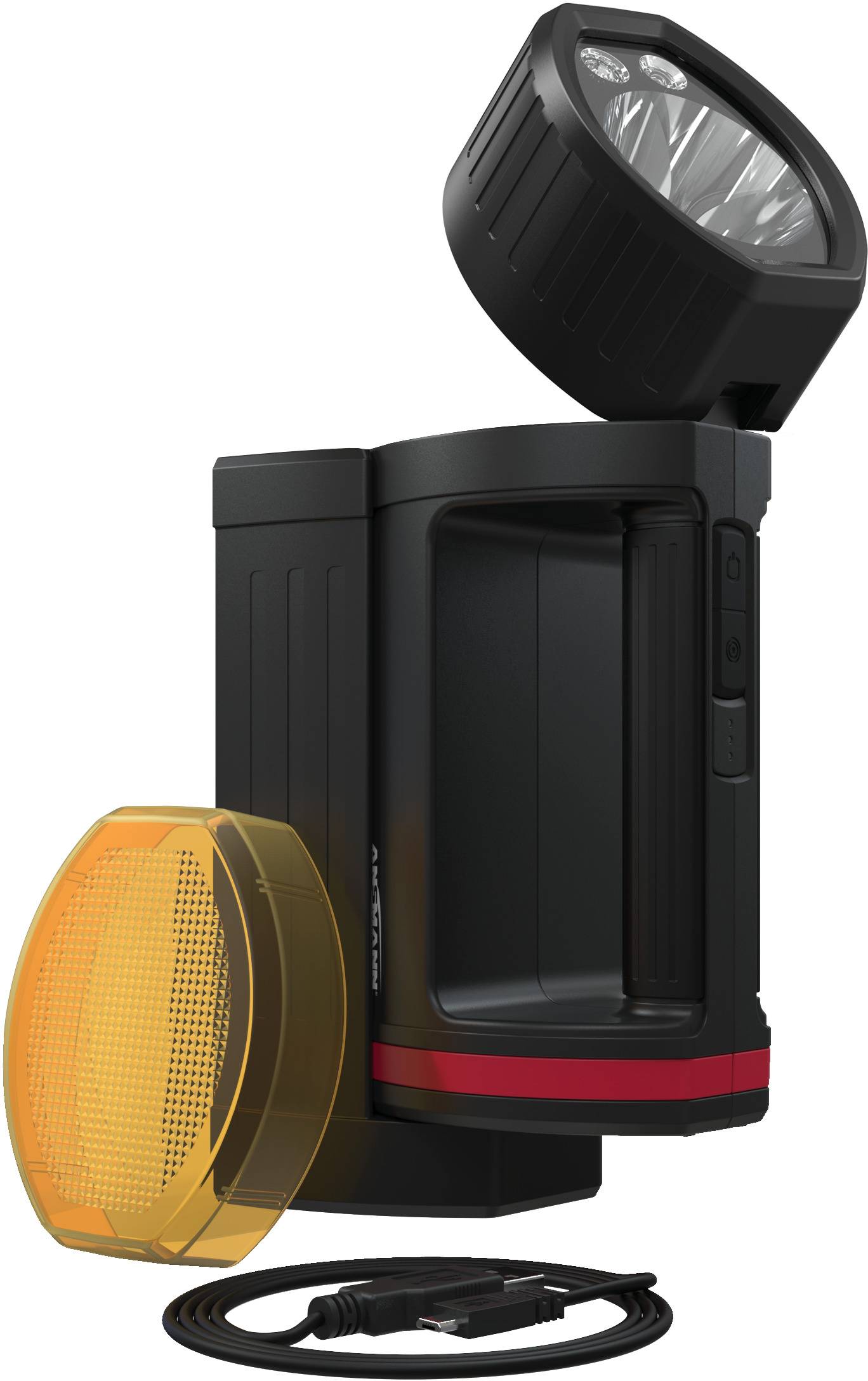 Portable black lamp with detachable spotlight and orange filter, USB charging cable in the foreground.