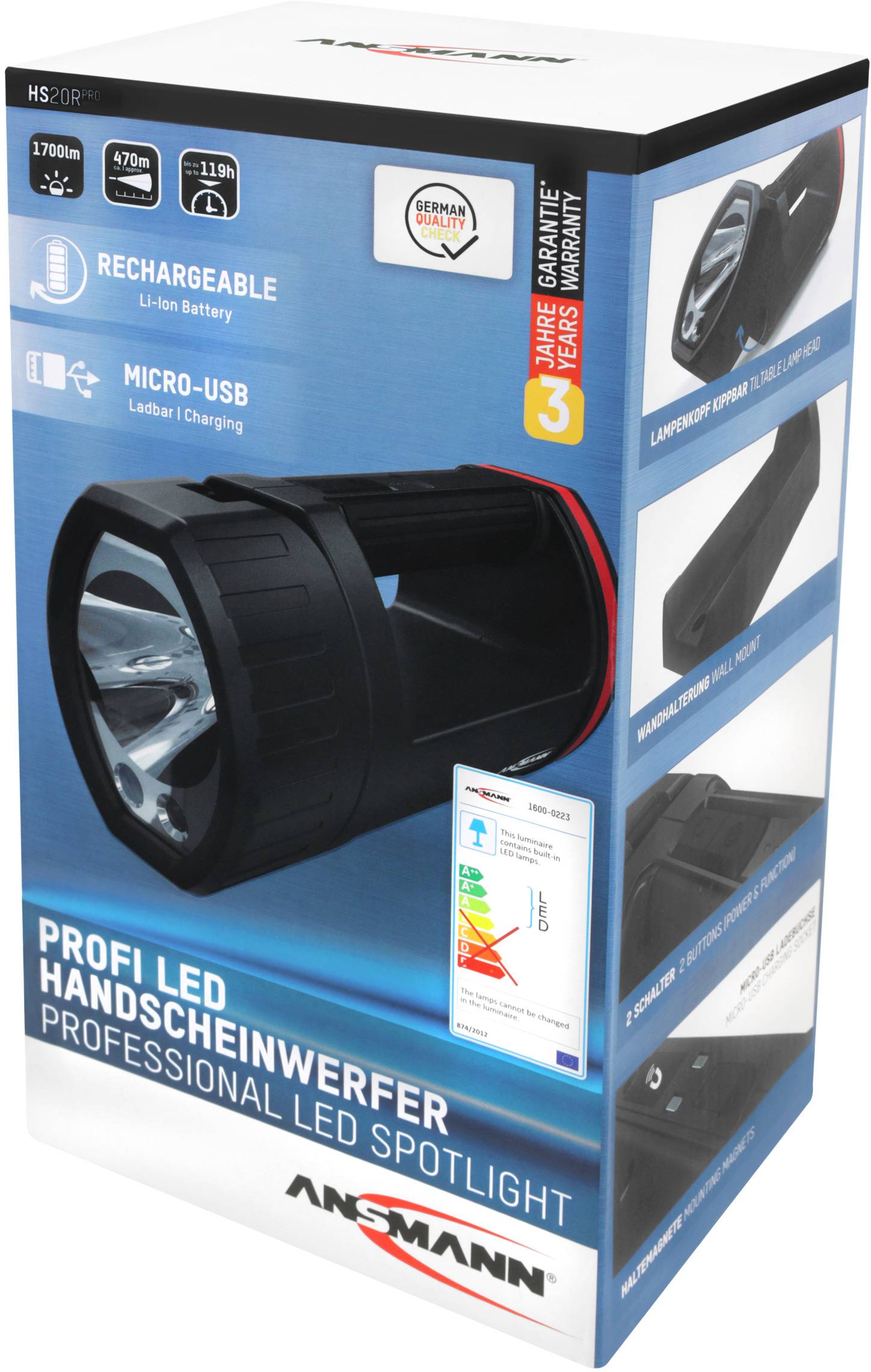Packaging for an Ansmann Professional LED Torch. Features: rechargeable, Micro-USB, LED lights, 3-year warranty.