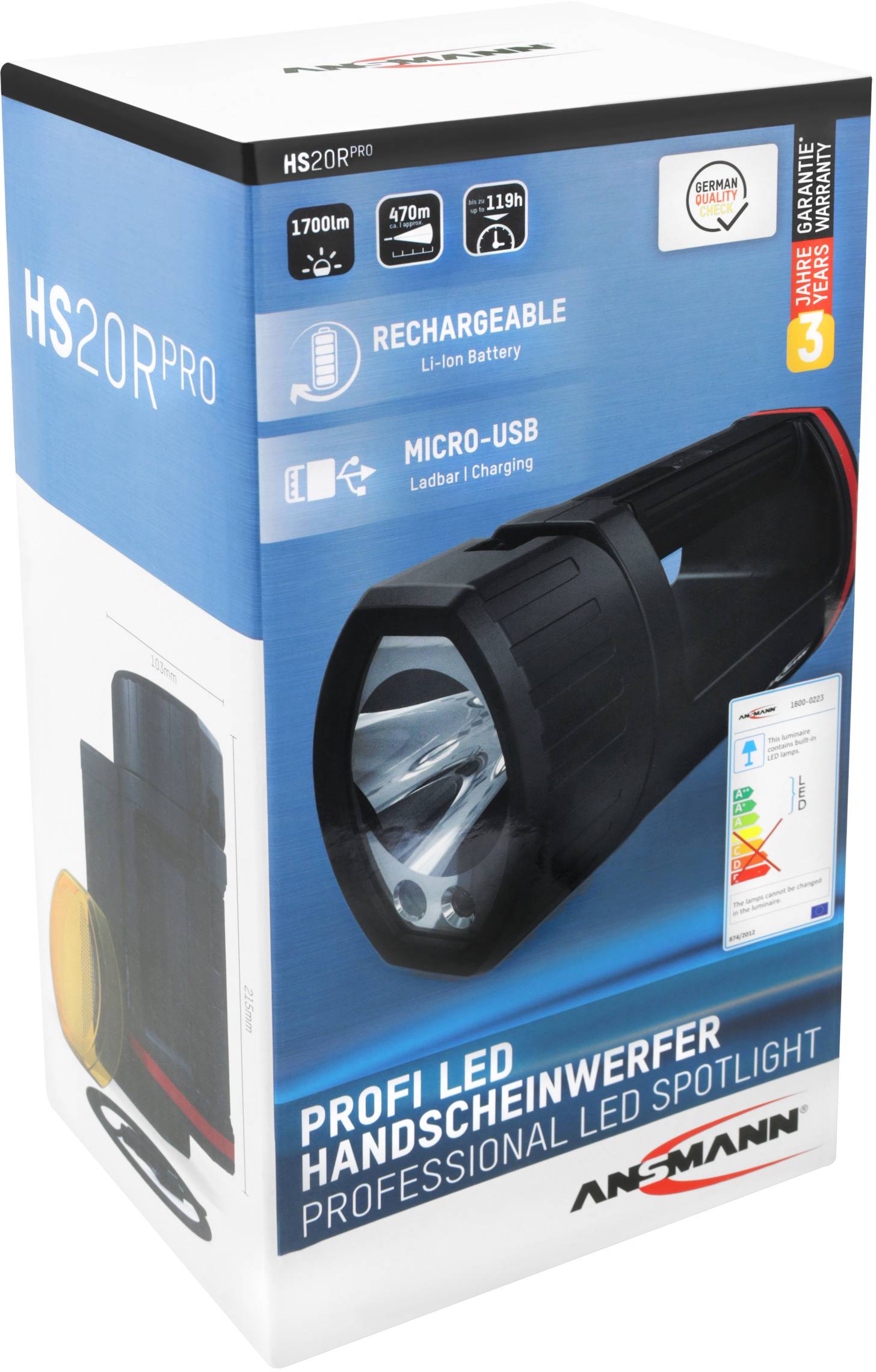 A rechargeable professional LED hand torch with 1700 lumens, 470m range, up to 11 hours of battery life and including a micro-USB cable.