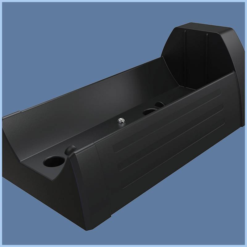 A dark grey, rectangular plastic enclosure against a blue background.