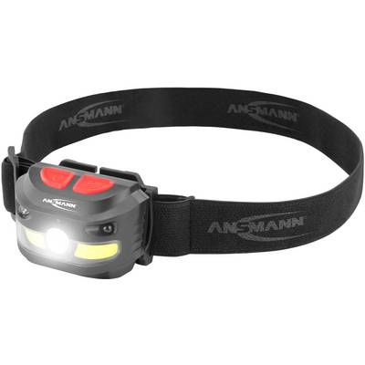Black headband with a grey LED headlamp that emits a bright light. Suitable for outdoor activities.