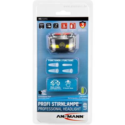'Profi Head Torch LED HD250RS' in packaging. Functions: IP54, adjustable head, rechargeable, IR sensor. 250 lumens, 1.5m range.