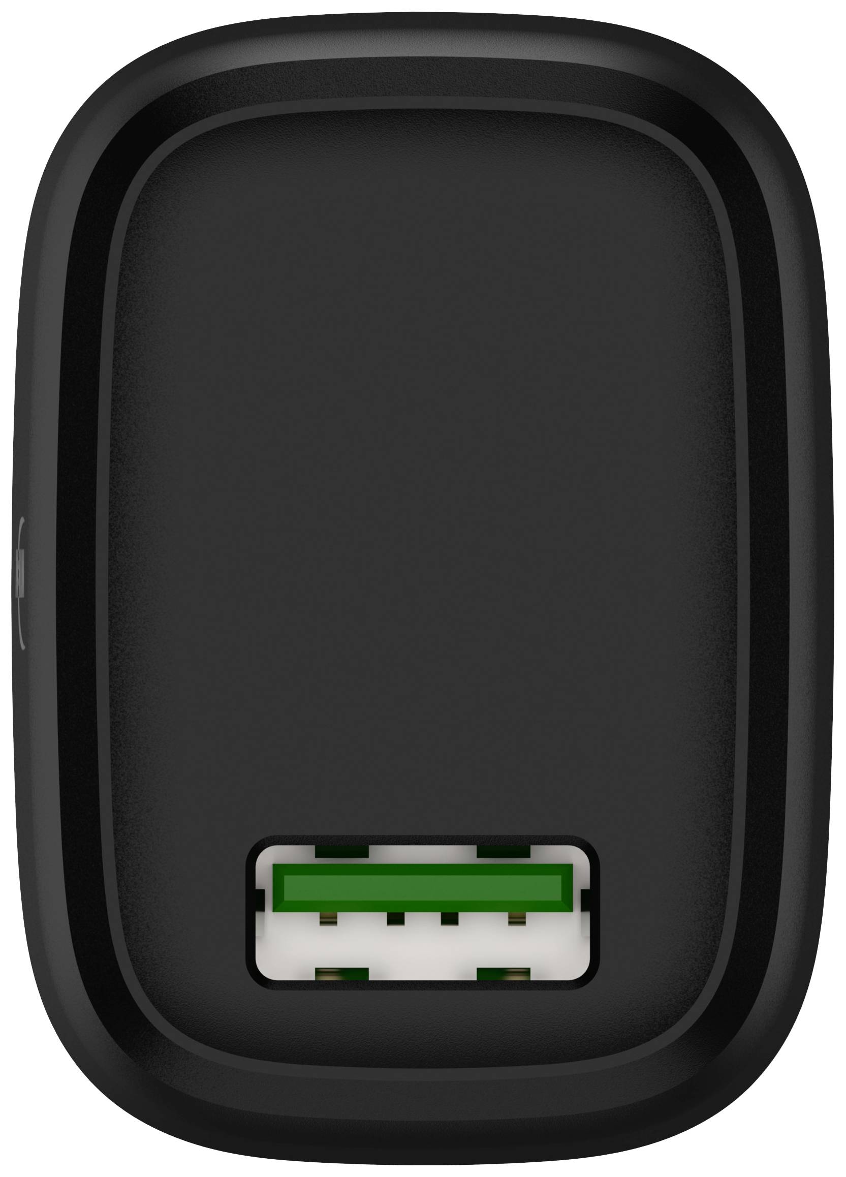 Black USB charger with a USB port on the front.