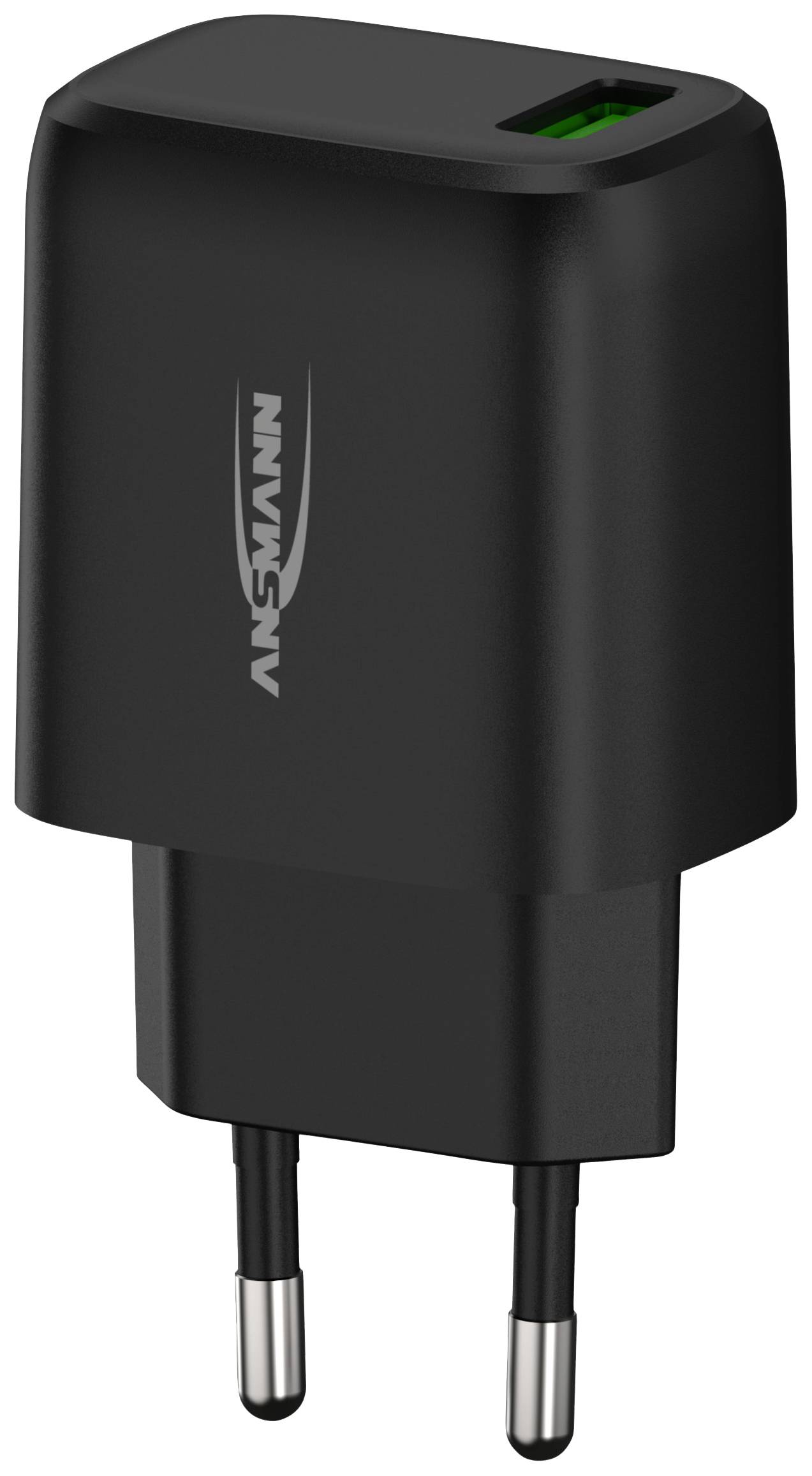 Black USB charger with two pins for European plug sockets, brand name on the side.