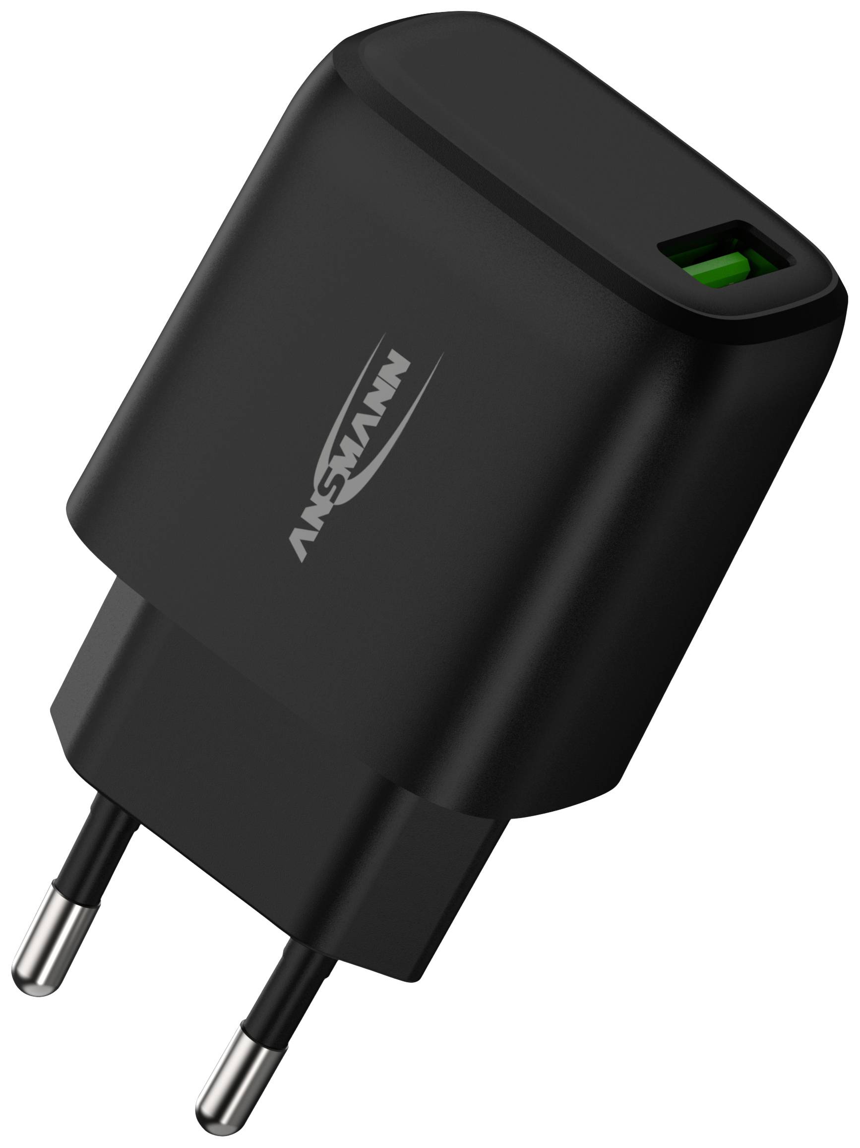 A black USB charger with a European plug and green USB port, marked with a logo.