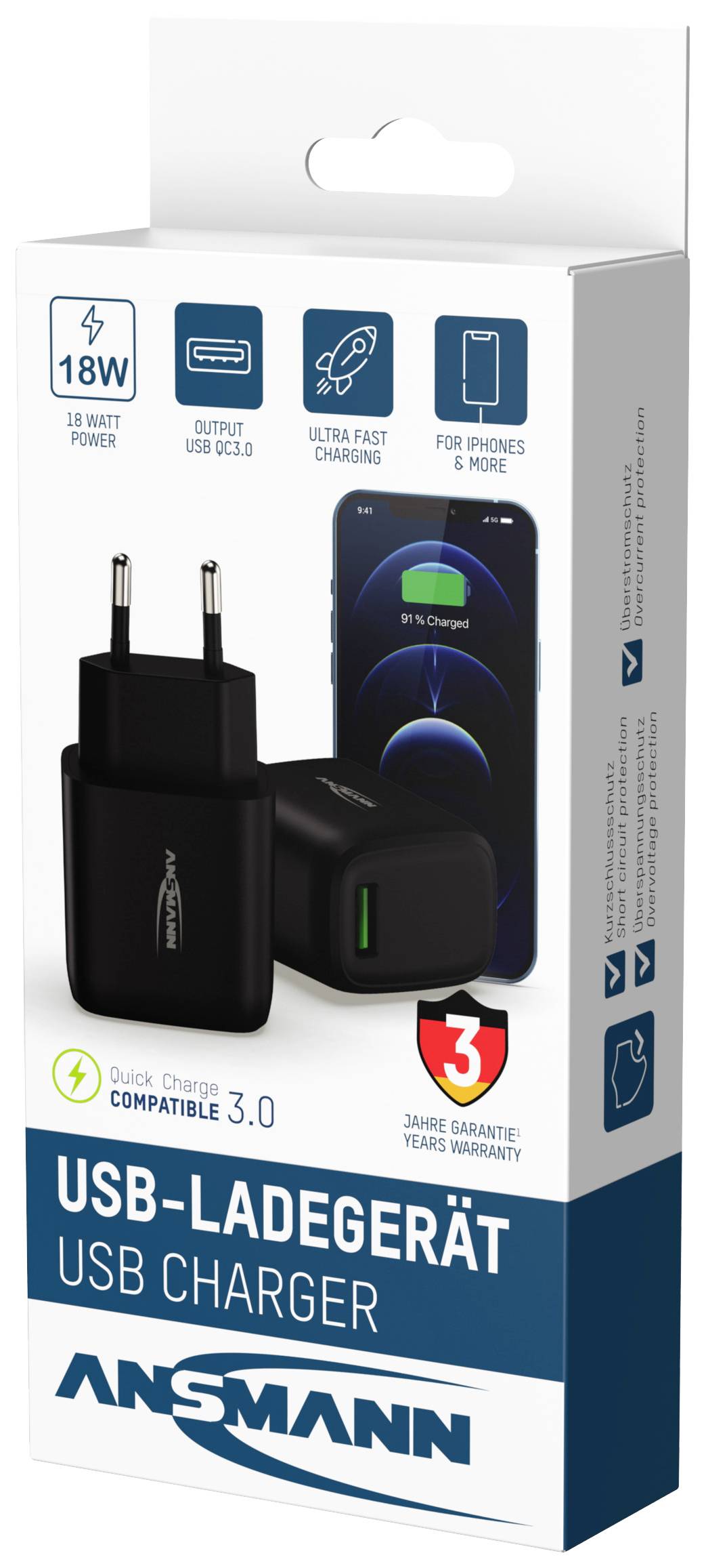 USB Charger in black packaging with text 'USB Charger'. Shows 18W charging power and compatibility with phones on the front.