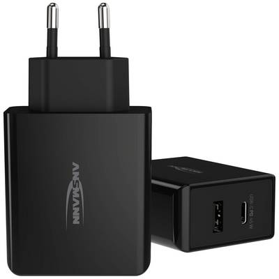 Black USB charger with European plug. One side shows the USB socket, the other the ANSMANN logo.
