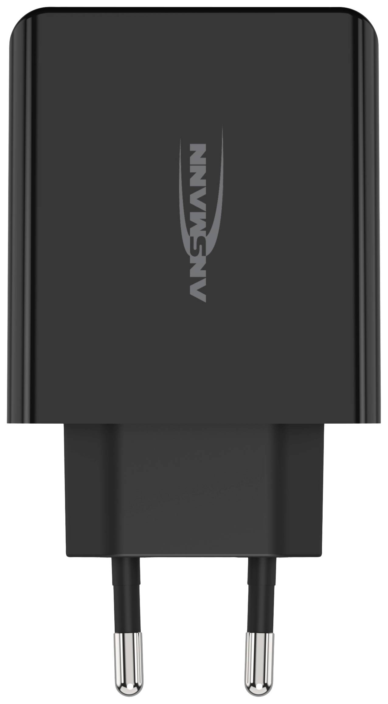 Black USB charger with two metal pins, Ansmann brand, for use in electrical plug sockets.