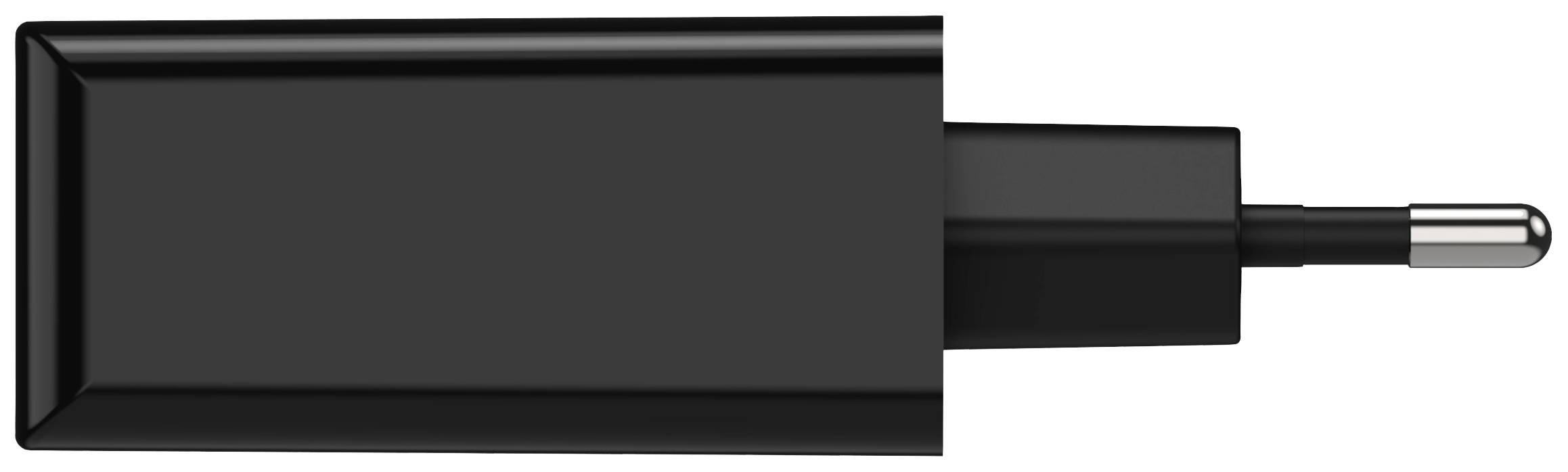 Black, rectangular USB charger with fixed plug.