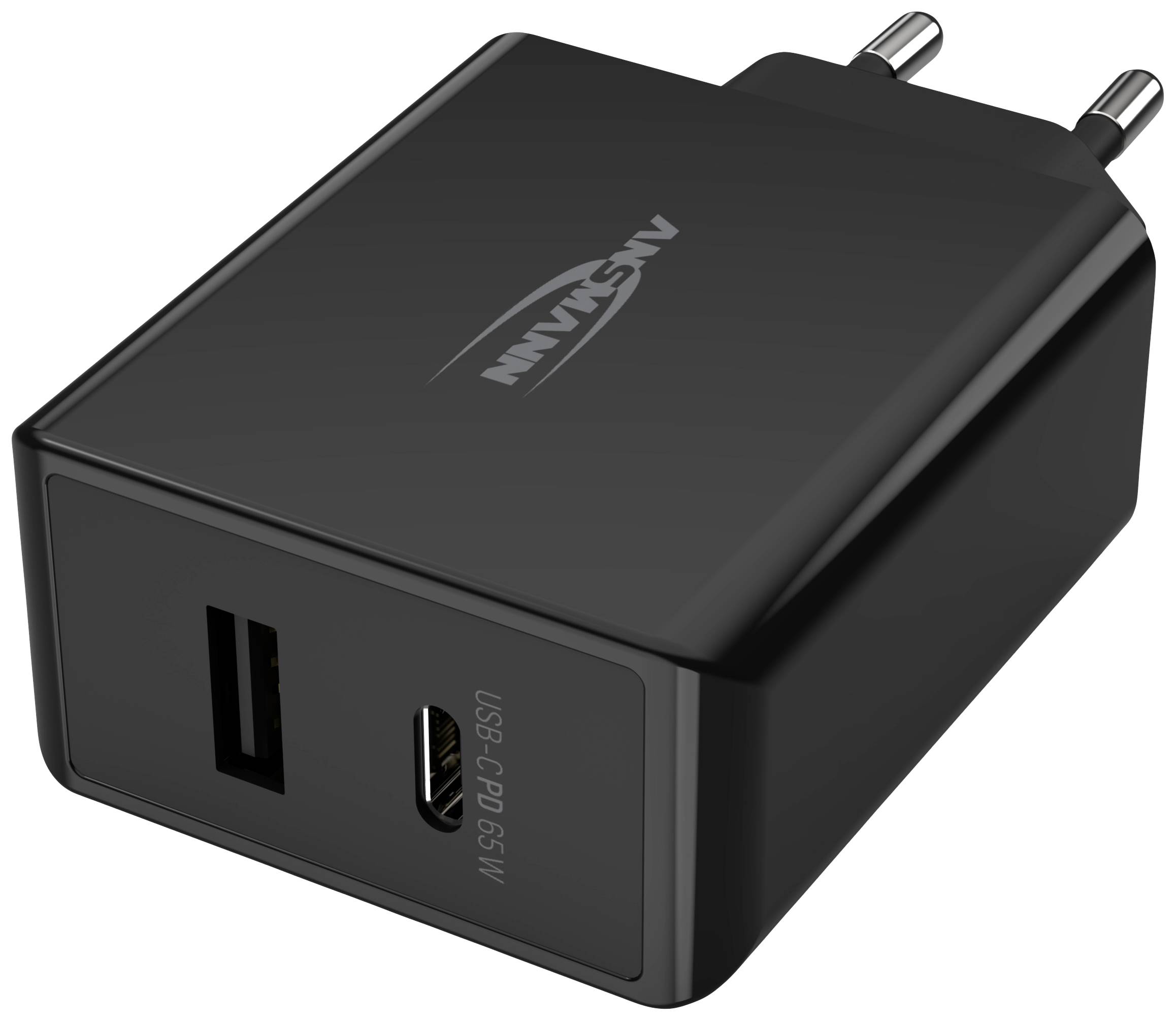 Black USB charger with two ports, USB-A and USB-C. Suitable for charging various electronic devices.