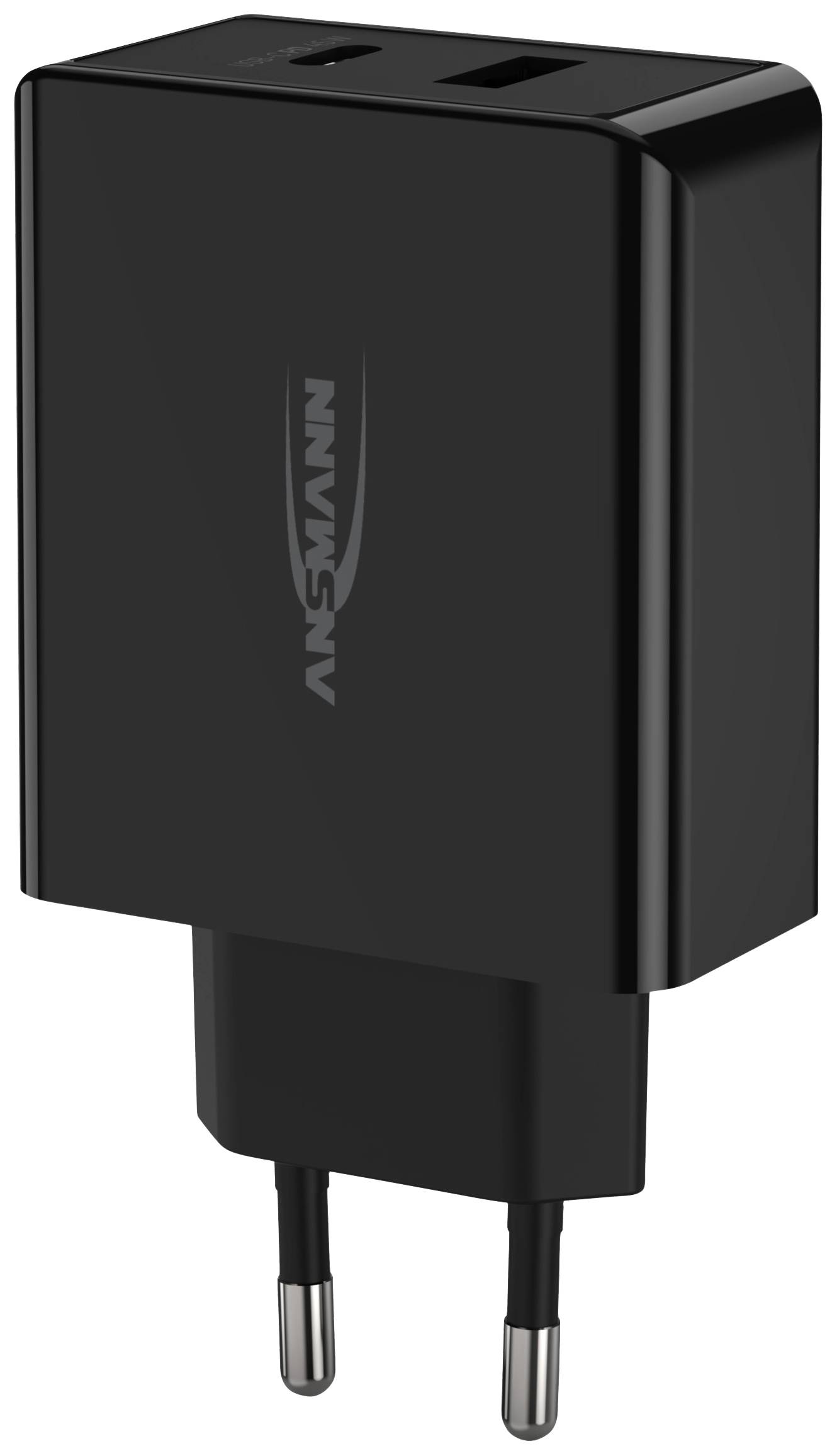 Black USB charger with two ports and EU plug, suitable for charging electronic devices.
