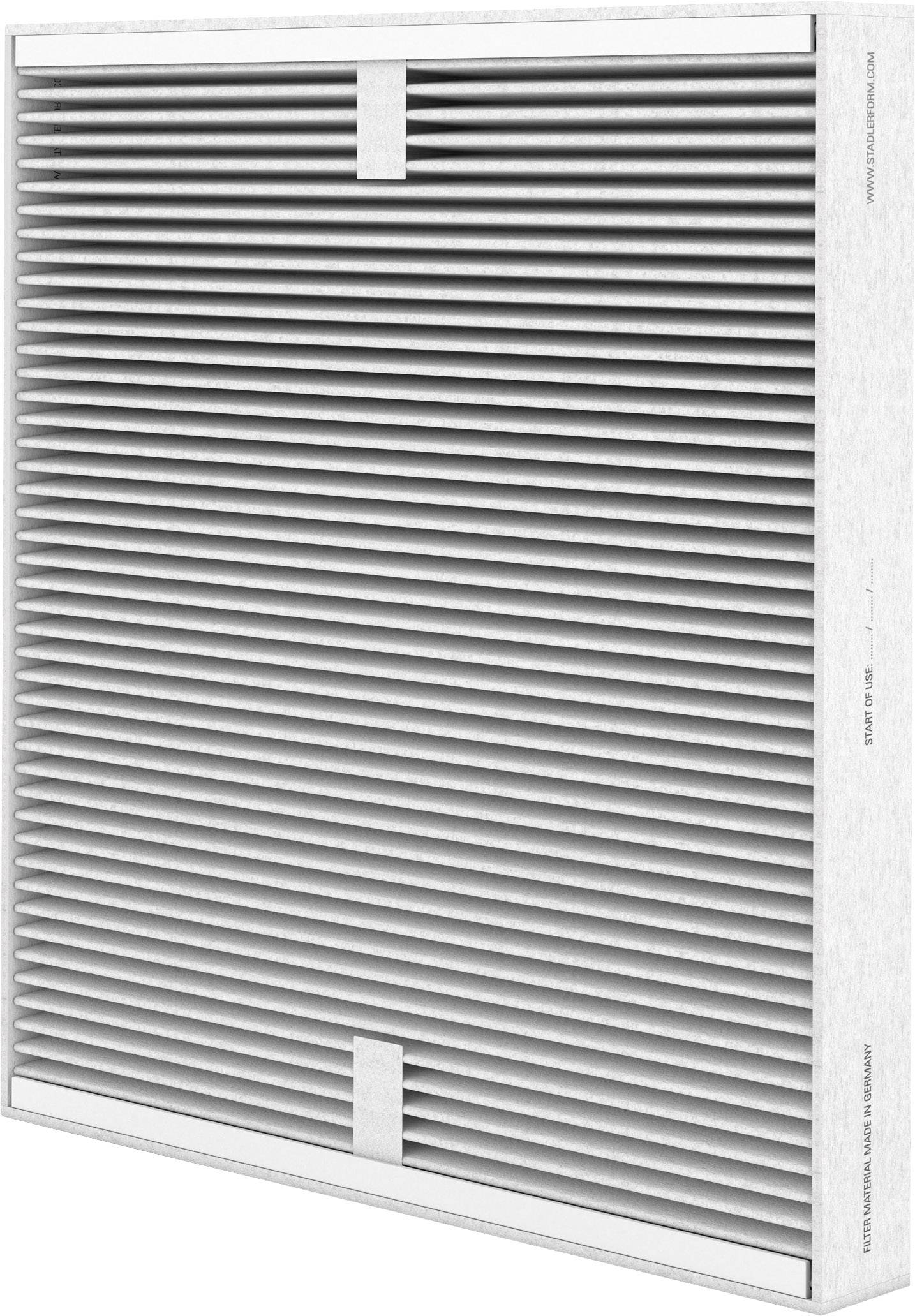 Rectangular air filter with closely parallel fins for air purification.