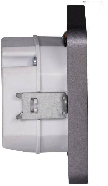 Side view of a square device that is built into a wall, with a metallic mounting bracket in the centre.