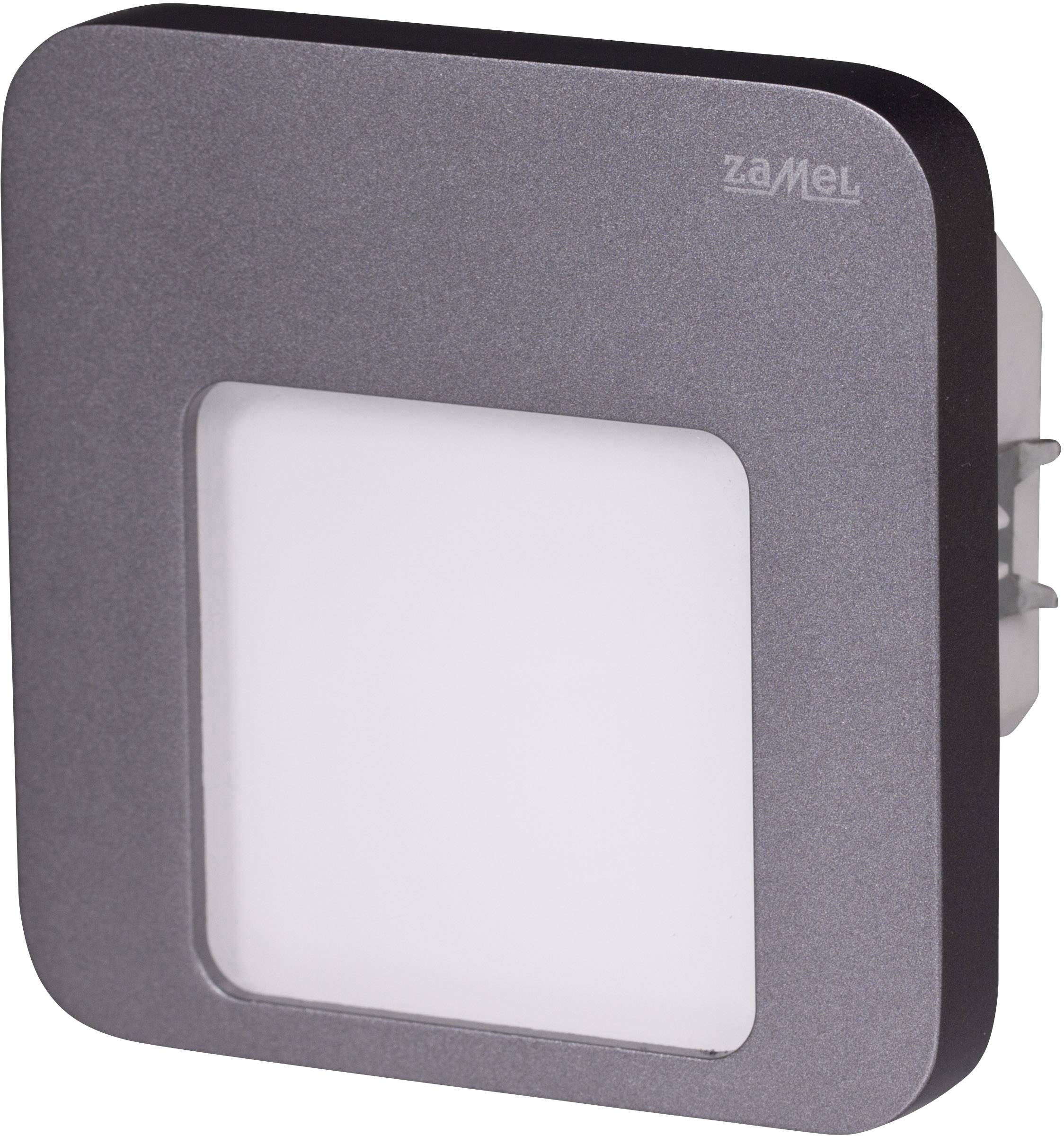 A square LED light with a dark frame.