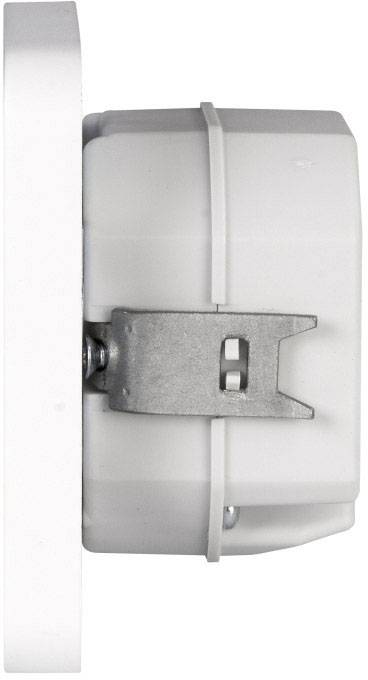 Side view of a white, round wall thermostat with a metal mounting bracket. Suitable for temperature control in indoor spaces.