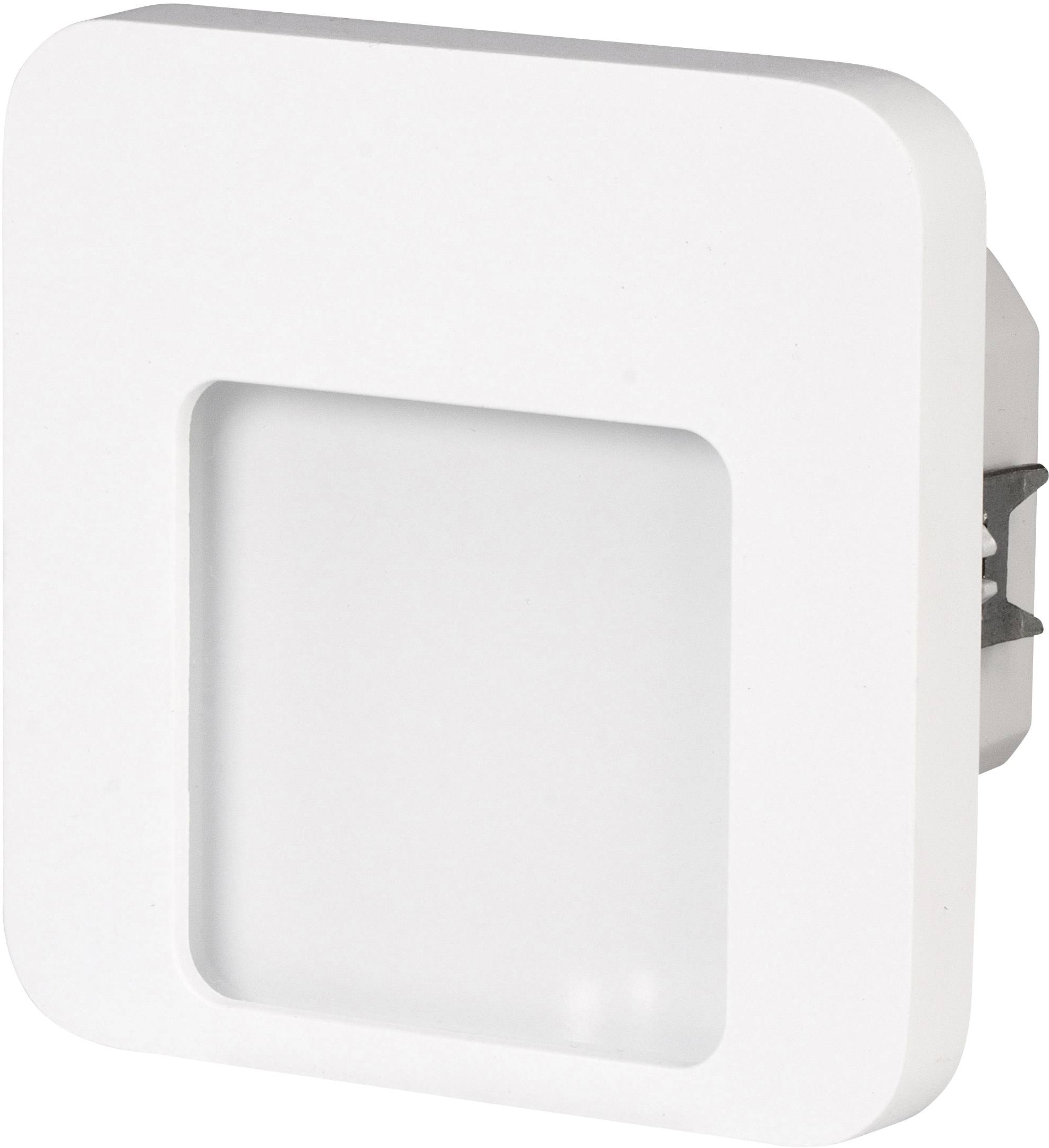 A square, white night light with rounded corners, suitable for wall sockets.