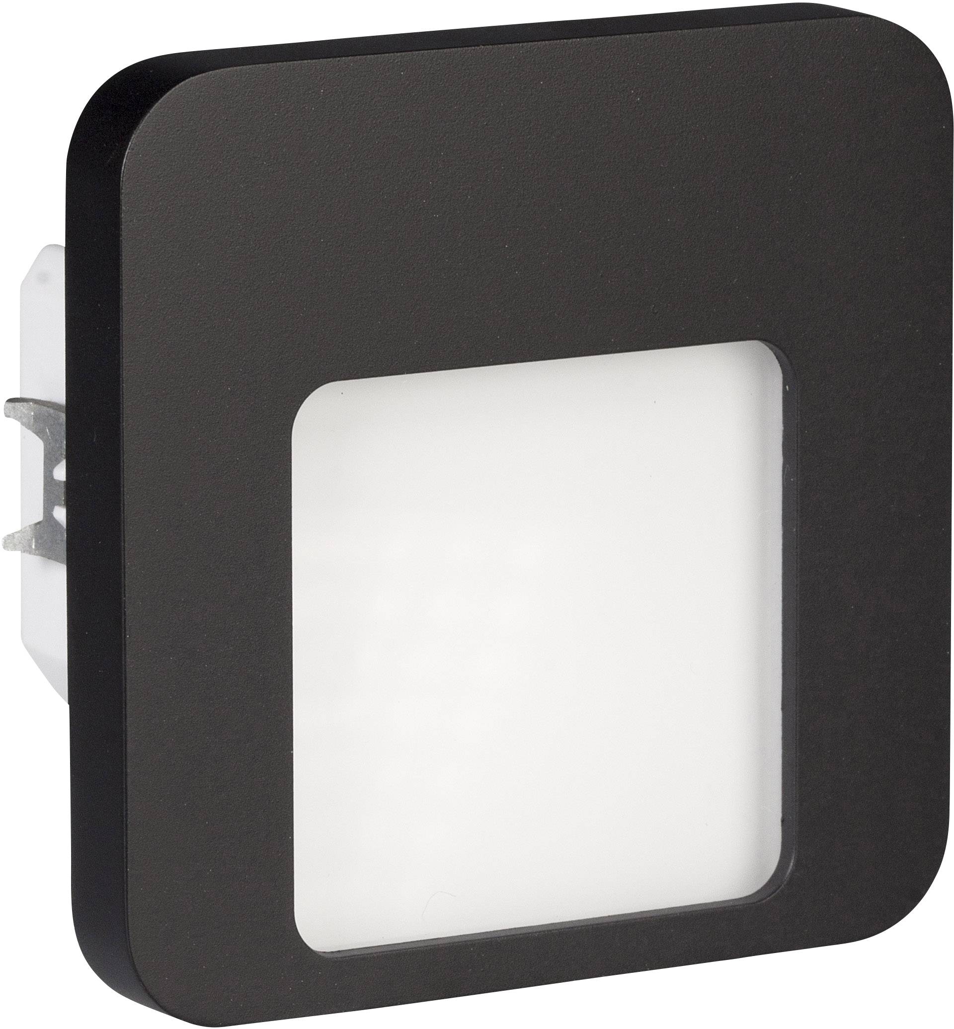A rectangular, black LED night light with rounded corners, mountable in a plug socket, illuminates in the centre of the image.