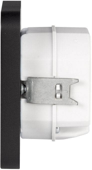 Side view of a white switch with a black frame and metallic mounting.