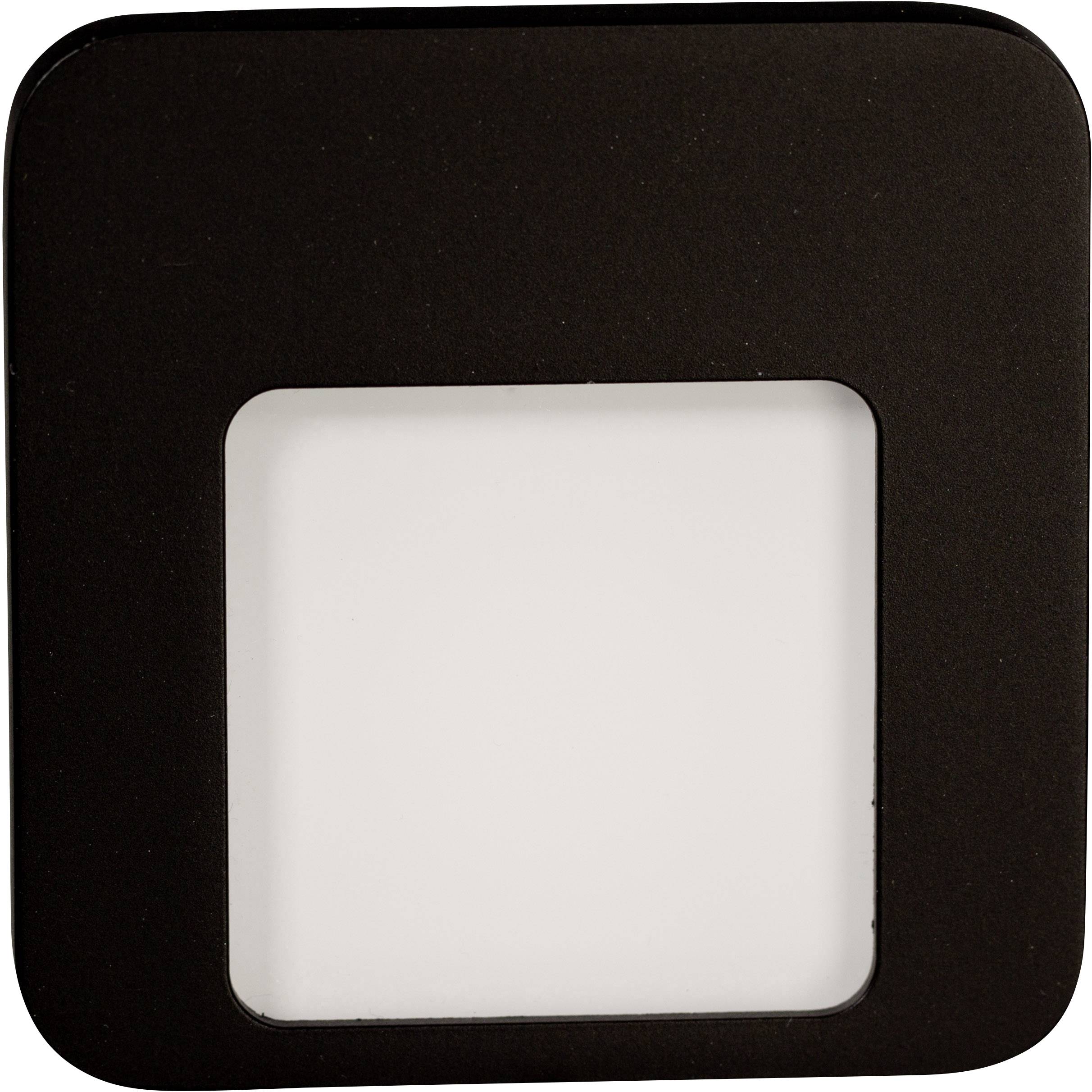 A square, black LED night light with bright, white light in the centre, suitable for wall mounting.
