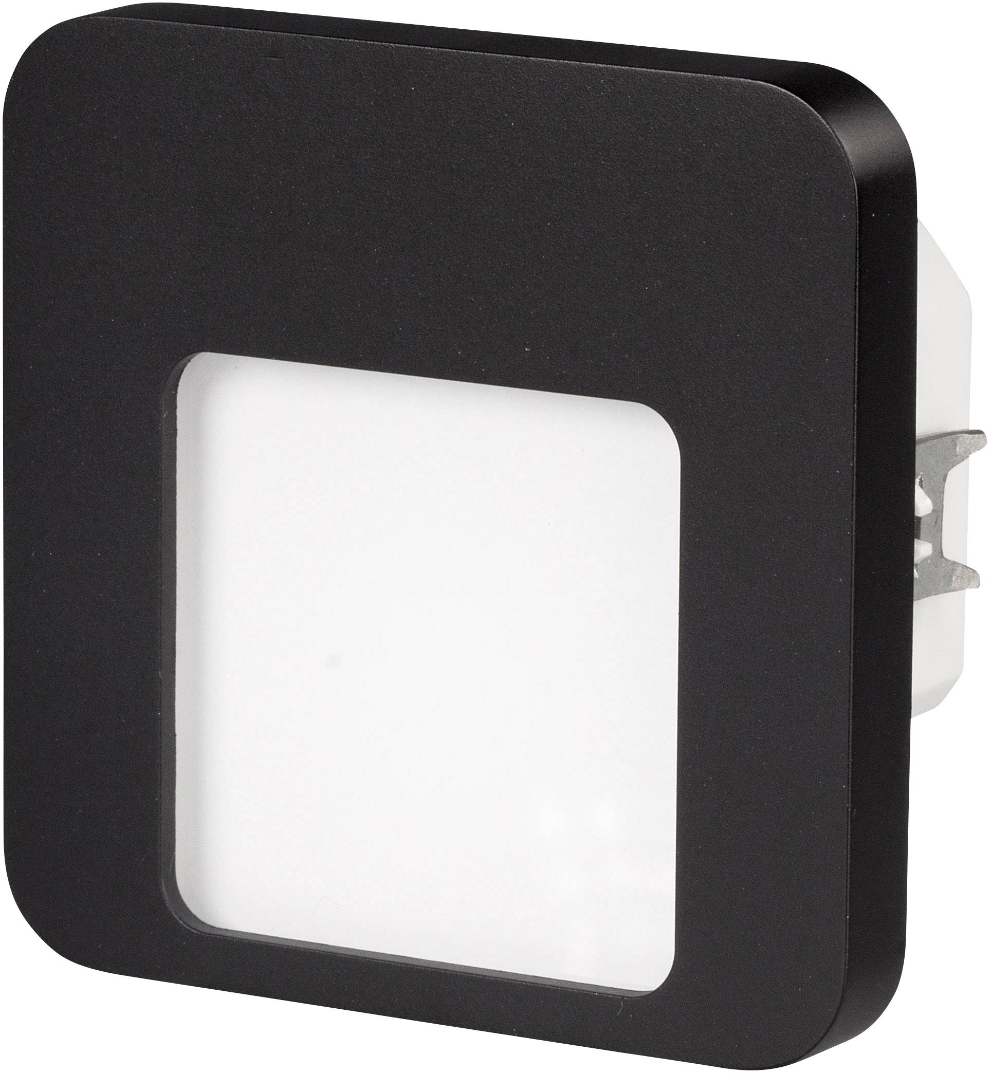 Black LED night light with rectangular design, suitable for wall sockets; provides subtle illumination in dark rooms.