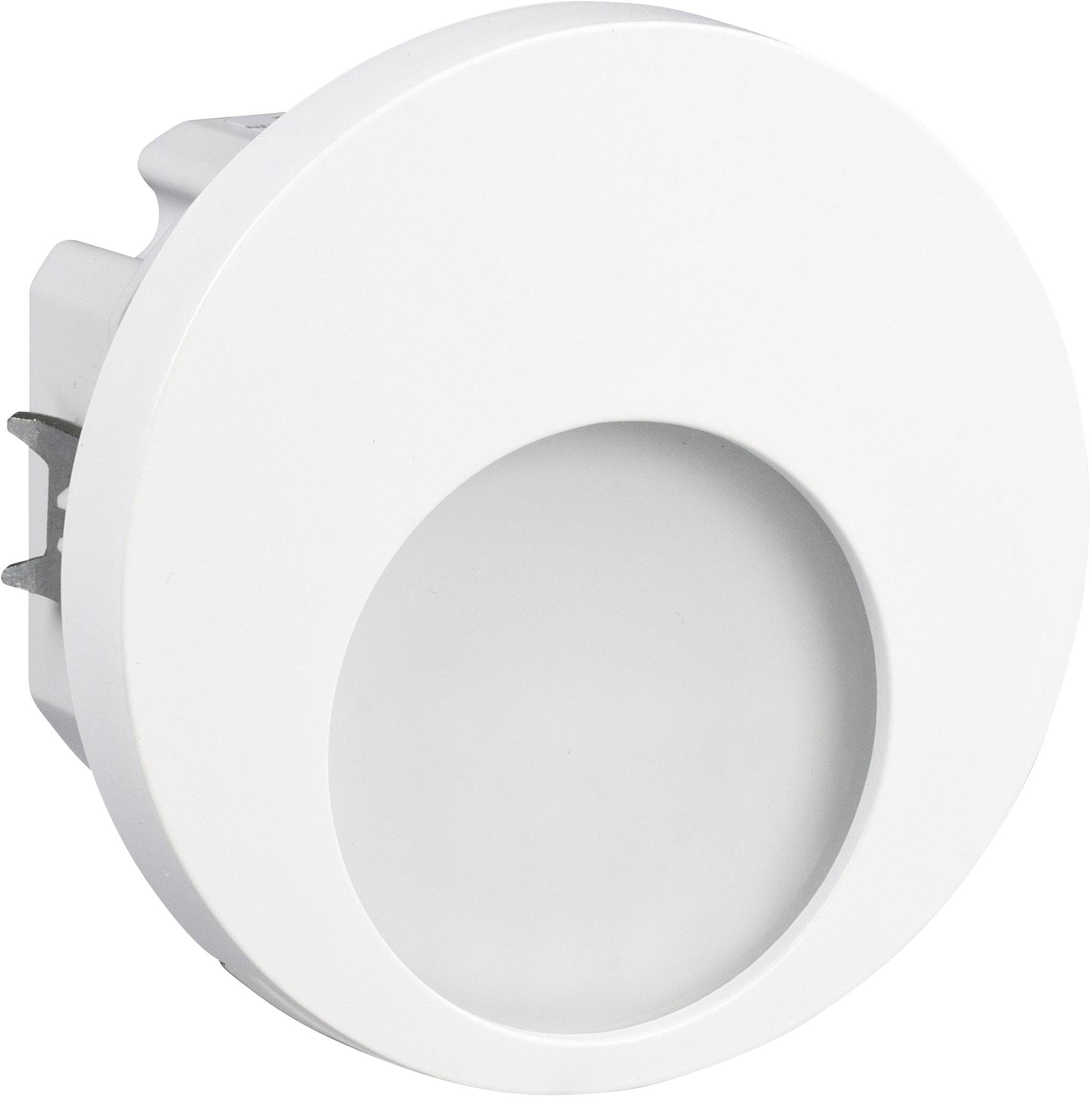 Round, white LED recessed spotlight with smooth surface and central light emission, suitable for ceiling mounting.