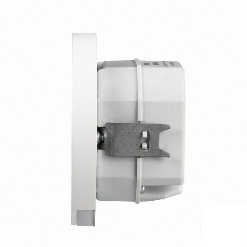Side view of a white, wall-mounted device with a metal bracket. It shows the depth and structure of the object.