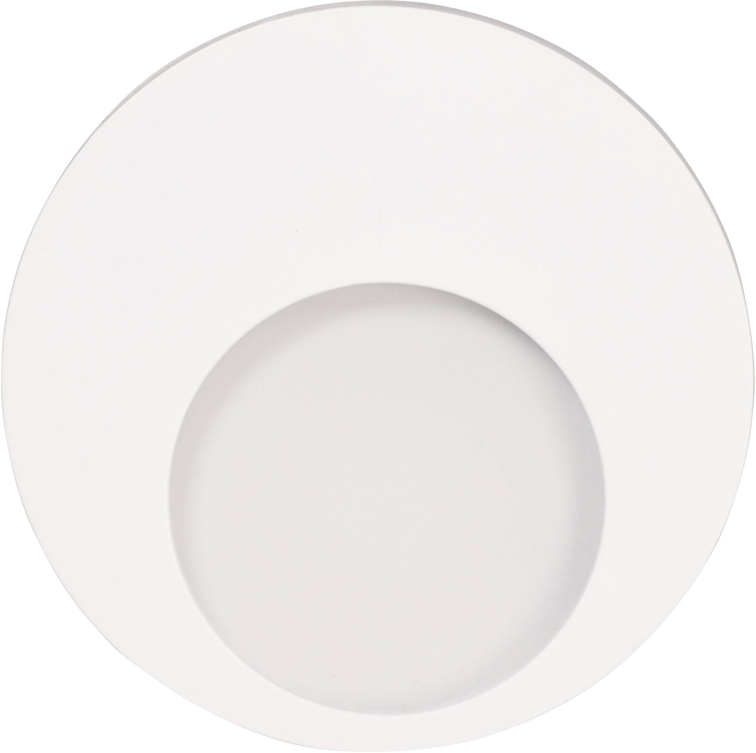 A round, white, flat plate on a white background.