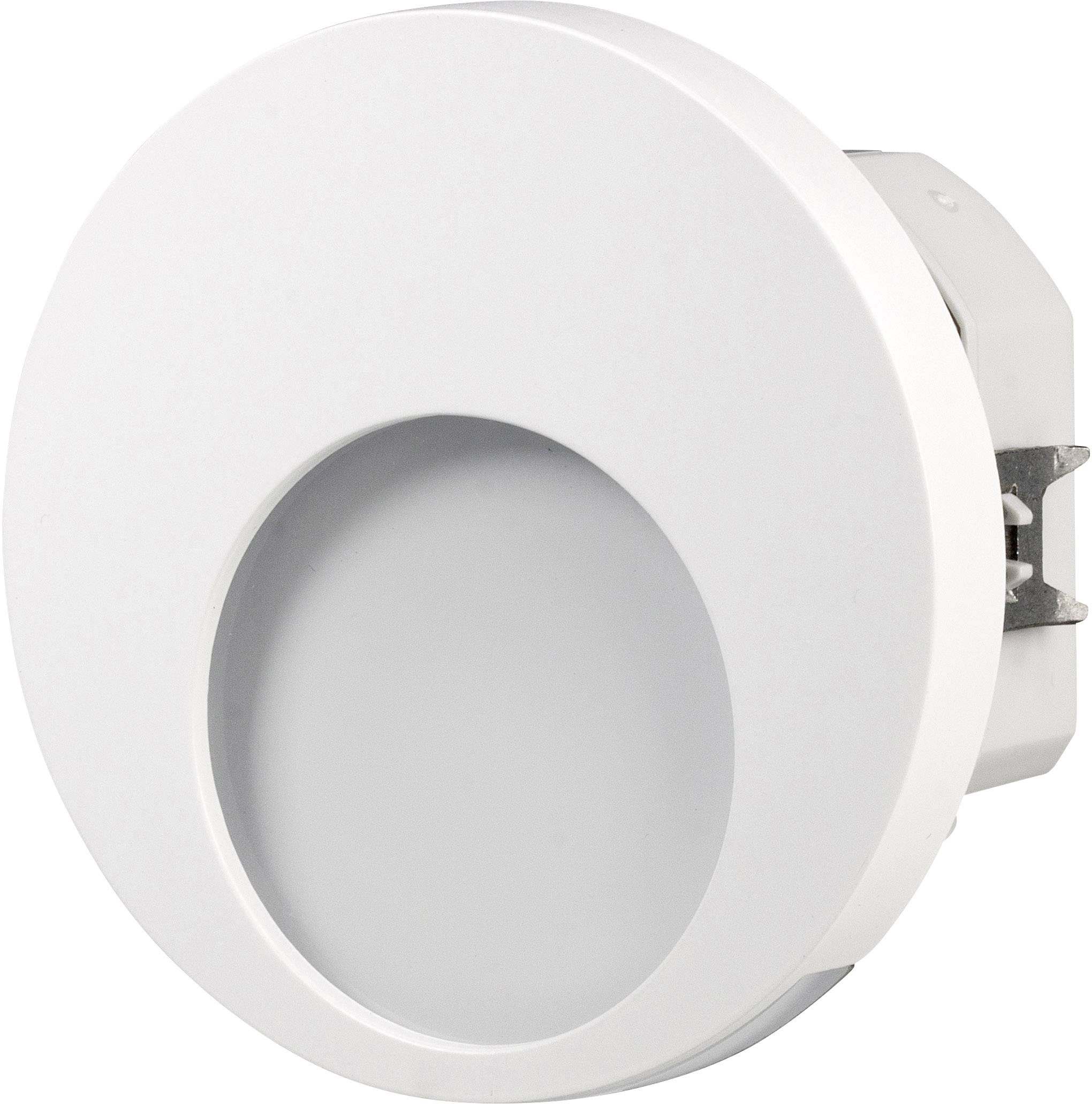 A round, white LED wall light with a flat surface and central light emission, suitable for subtle wall illumination.