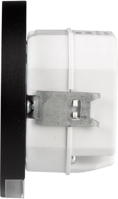 Side view of a black and white mechanical component with a metal element, possibly a door lock or similar device.