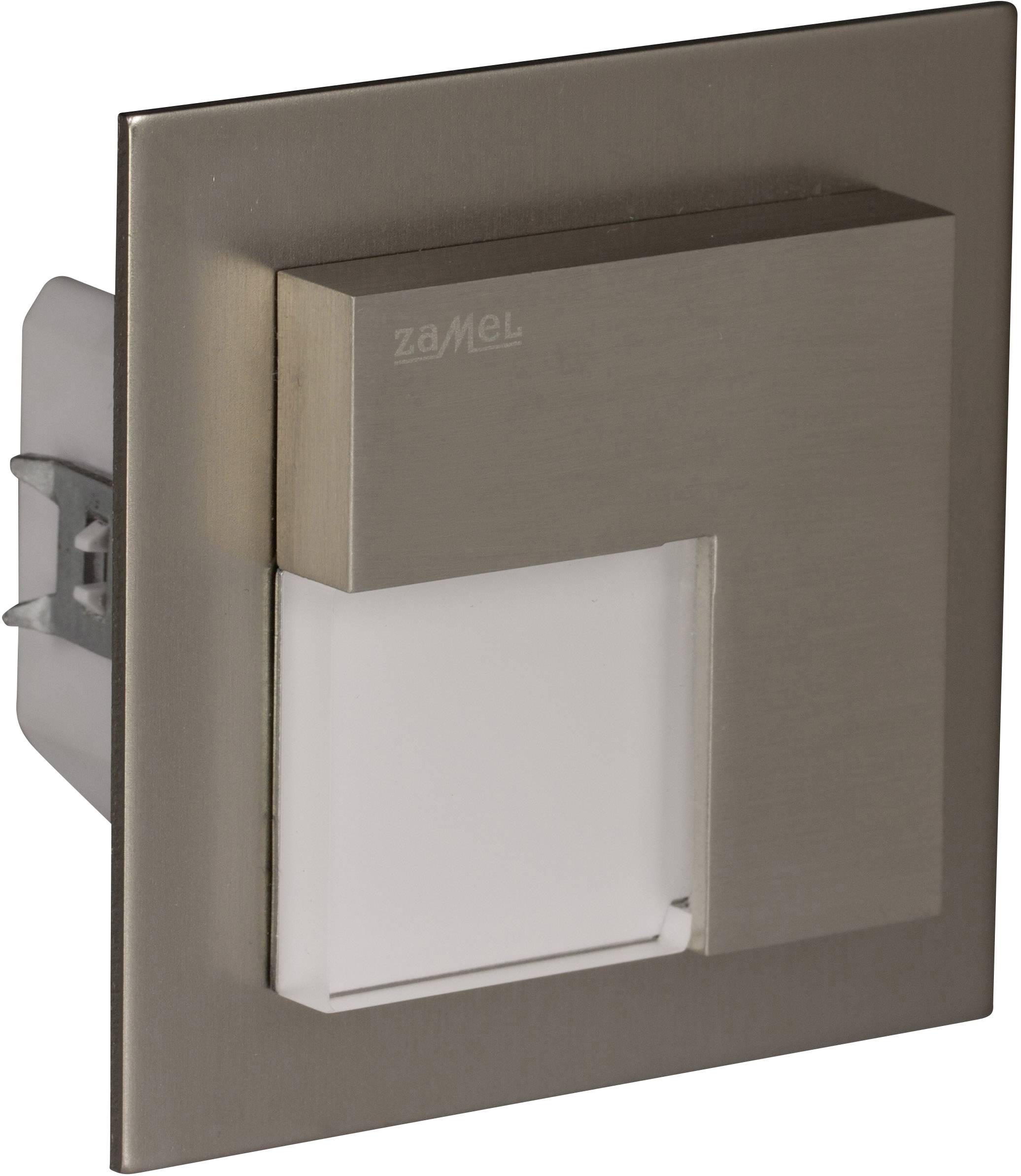 A modern, square wall light with a brushed metal frame and a white, rectangular light panel, suitable for corridors.