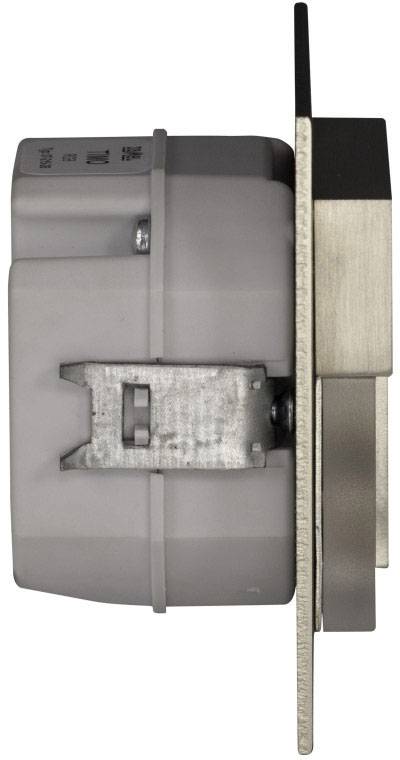 Side view of a metallic wall/door lock mechanism with a grey plastic housing, showing the locking mechanism.
