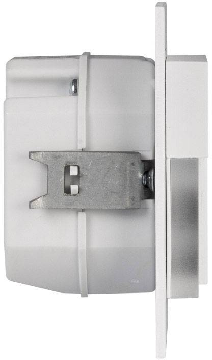 Side view of an electronic device with white and metallic components, mounted on a wall plate.