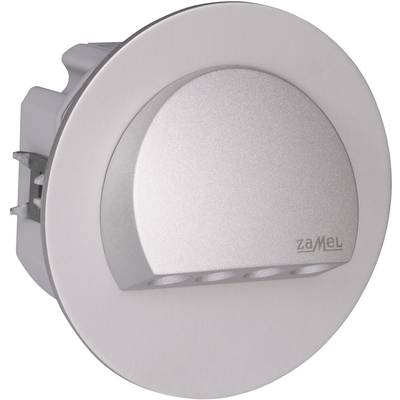 A round, silver LED wall light with four lights and the 'Zamel' lettering.