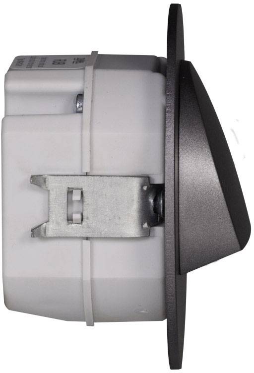 A circular motion sensor shown from the side, with a protruding black sensor area and white mounting base.