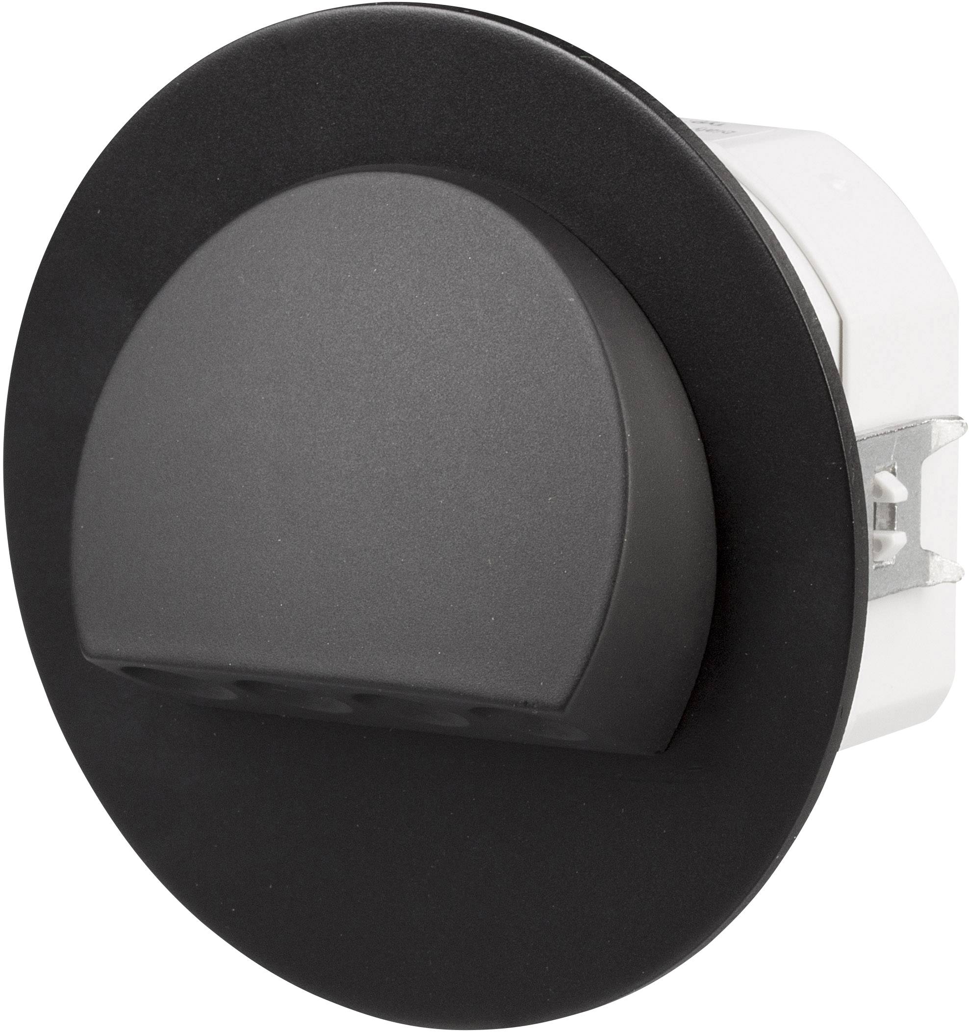Black round LED outdoor light with a curved design, suitable for wall mounting.