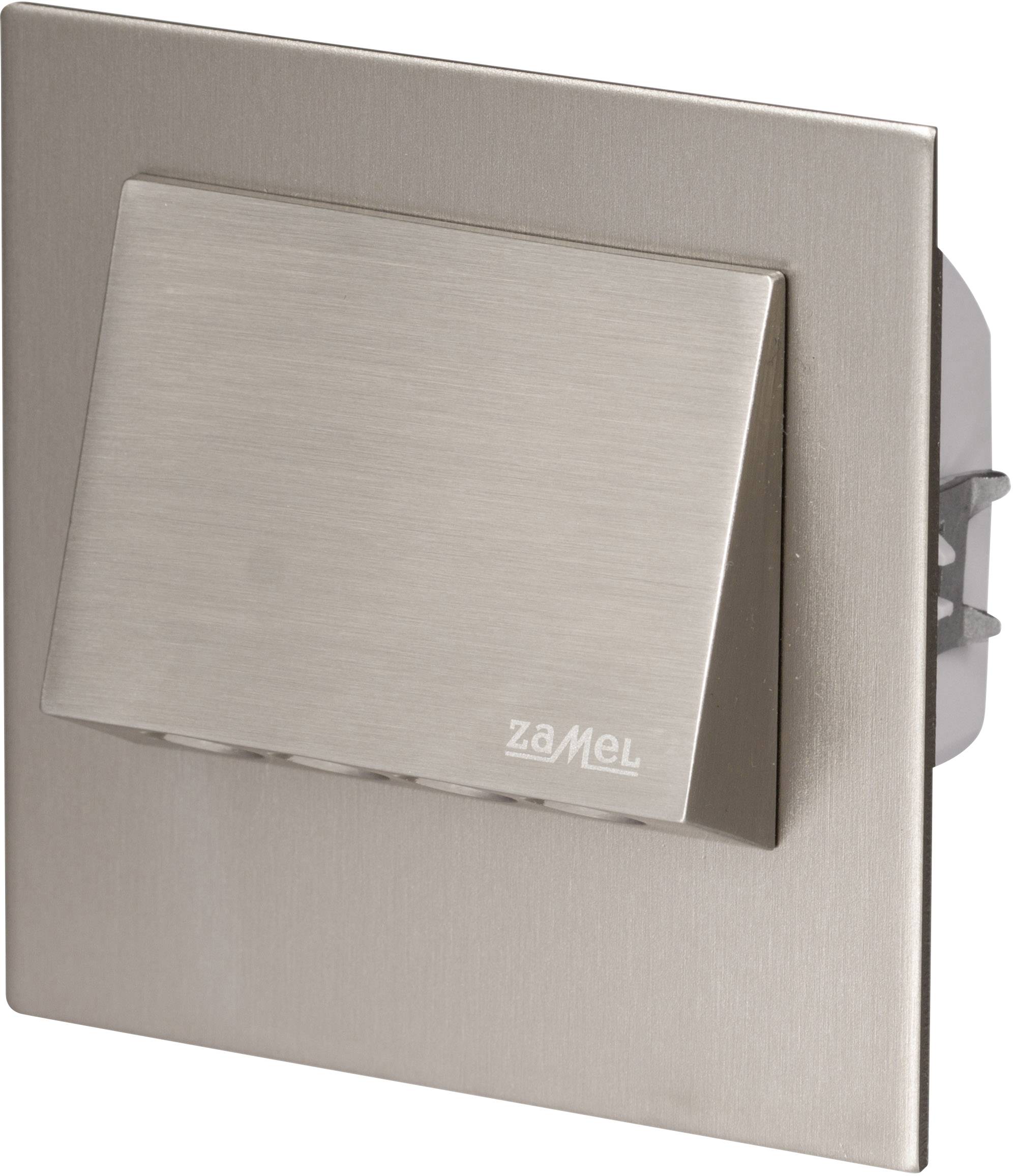 Light switch in brushed metal with a slightly angled front face.