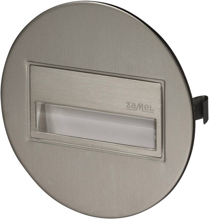 Round, silver LED wall lamp with a rectangular cutout in the centre, marked with 'Zamel'. Suitable for decorative lighting.