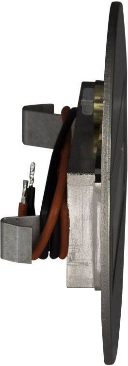 Electrical component with two exposed wires, mounted laterally.