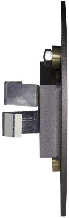 Side view of a metal fastener with two hooks and screw attachment to a plate.