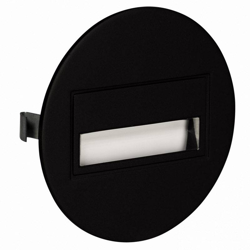 Round, black LED wall light with rectangular illuminated surface. Suitable for modern indoor and outdoor applications, energy-efficient.