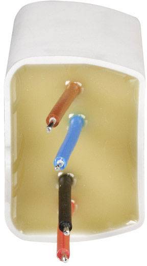A plug with a transparent cover shows three differently coloured cables: red, blue, and black.