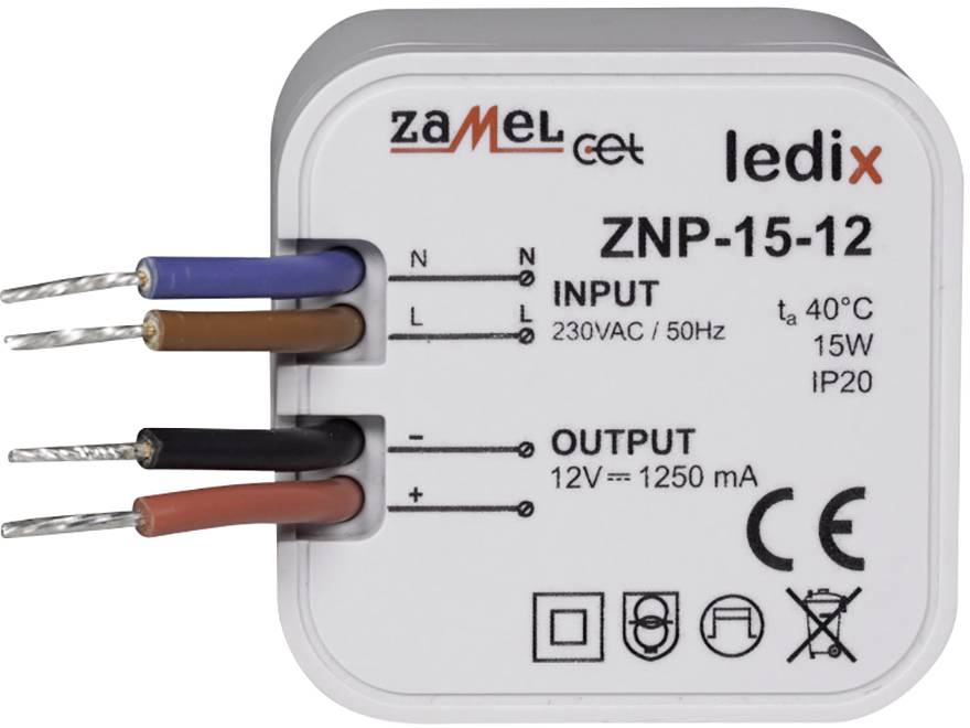 Electrical transformer with label 'ledix ZNP-15-12'. Input: 230VAC, 50Hz, 15W. Output: 12V, 1250mA. Certifications below.