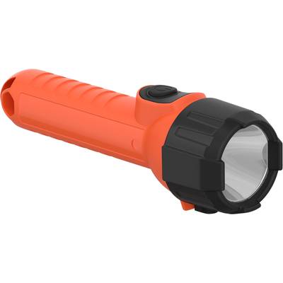 A red torch with a black head and a large beam of light at the front end. It is designed for use in darkness.