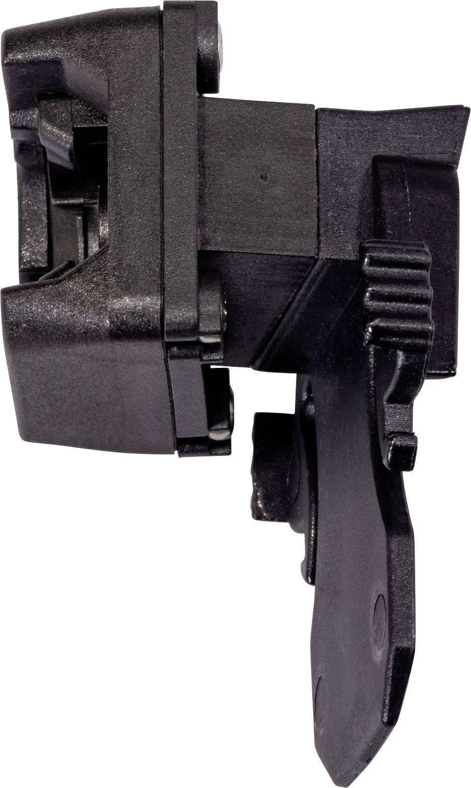 A black plastic component with multiple movable elements and mounting points, likely an automotive part or mechanism.