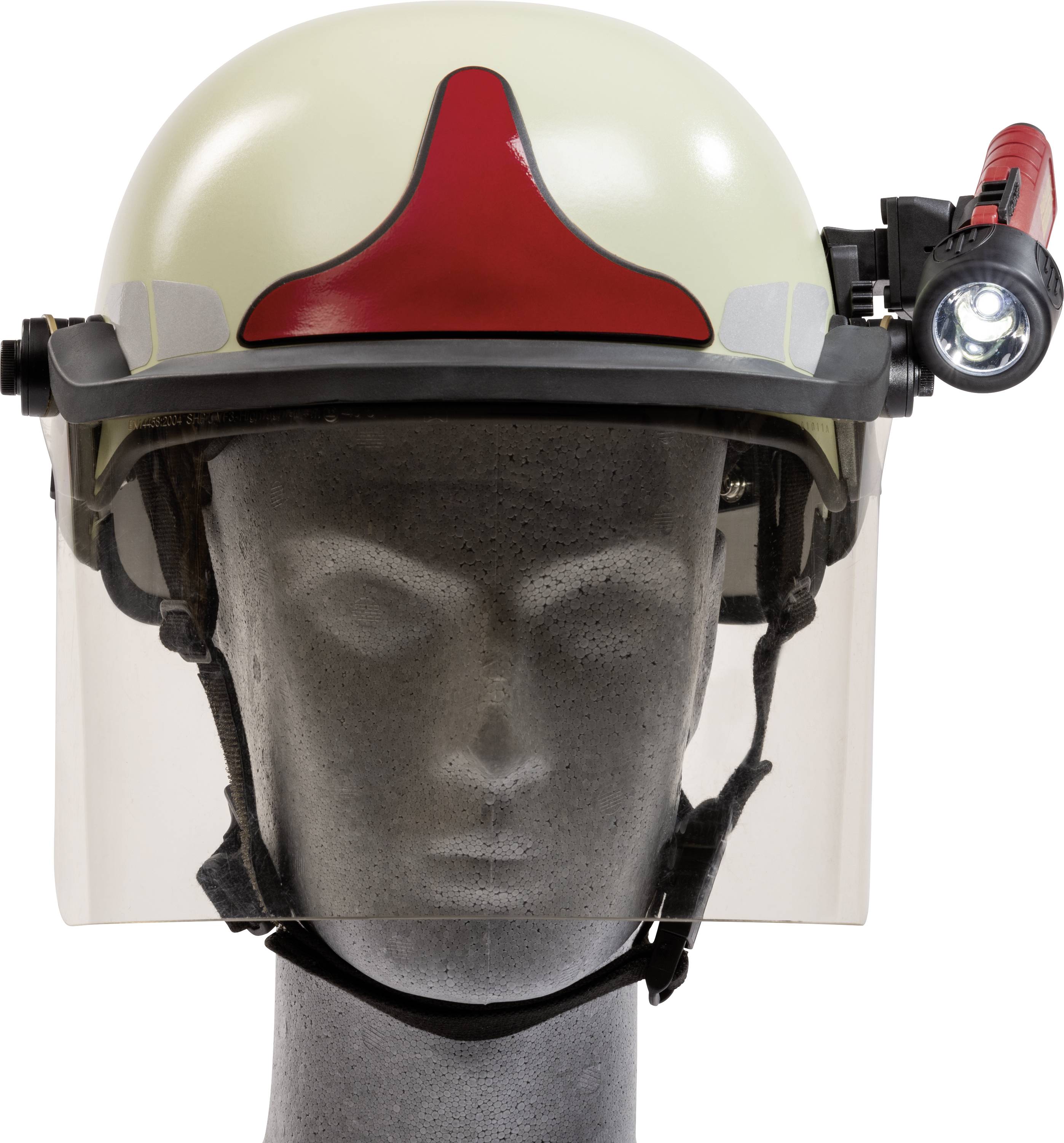Firefighter's helmet with visor and side-mounted torch on a grey mannequin head.