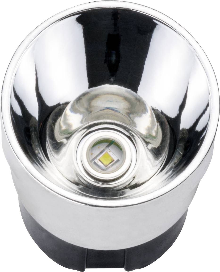 A close-up of an LED torch lens, showing the LED light centre and the reflective surface.